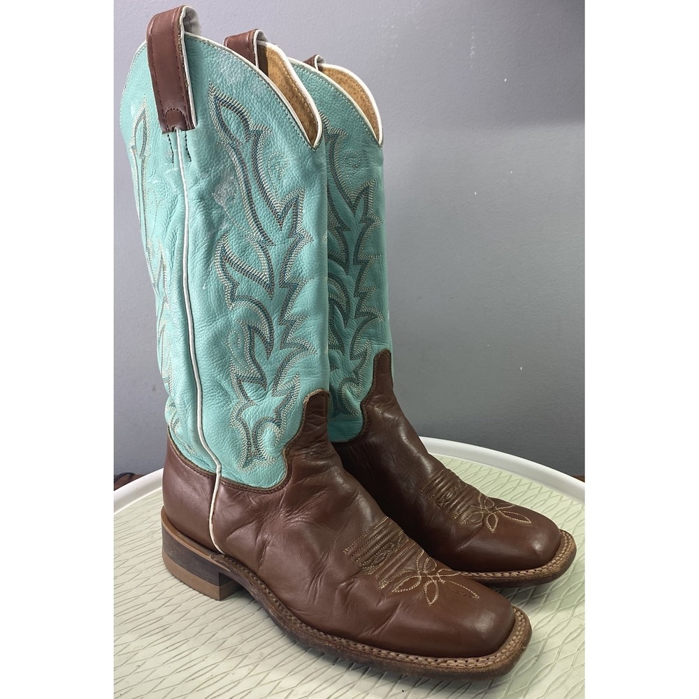 Justin Women's Leather Cowgirl Boots Cowboy Riding Brown&Mint Green Sz. 6.5 B